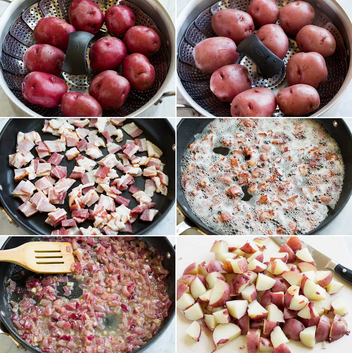 Collage of six photos showing hot to make german potato salad. Shows potatoes in pot before and after steaming, bacon in skillet before and after cooking, sautéing onions and making dressing, and chopping potatoes. 