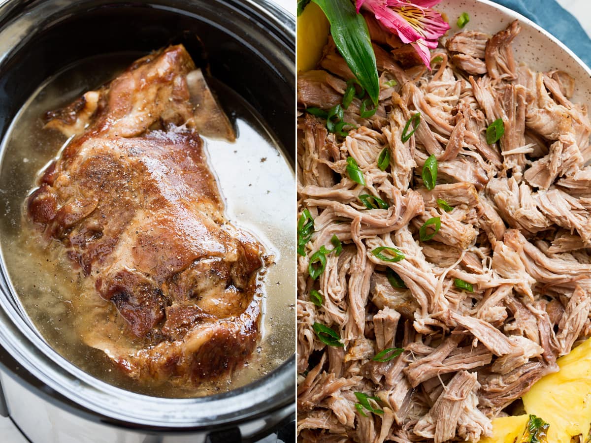 Two images, left image showing whole pork butt in a slow cooker after cooking and second image showing shredded pork in a bowl.