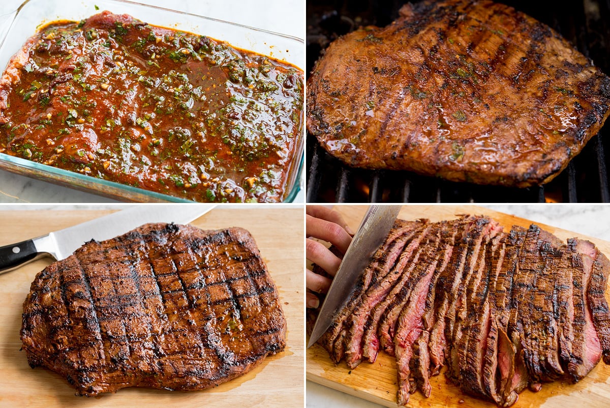 Collage of four images showing carne asada in marinade in a glass dish, then on the grill, then on a cutting board and last it is shown thinly sliced.