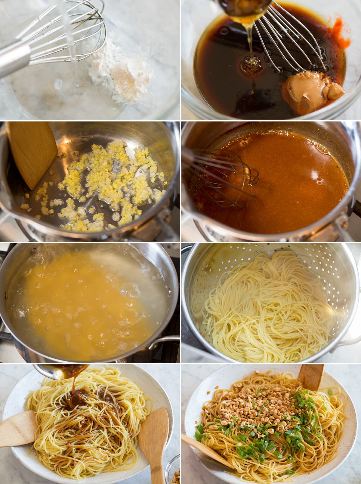 Photo: Collage of eight images showing each step to preparing sesame noodles by making sauce, cooking noodles and tossing sauce and noodles together with mix-ins.