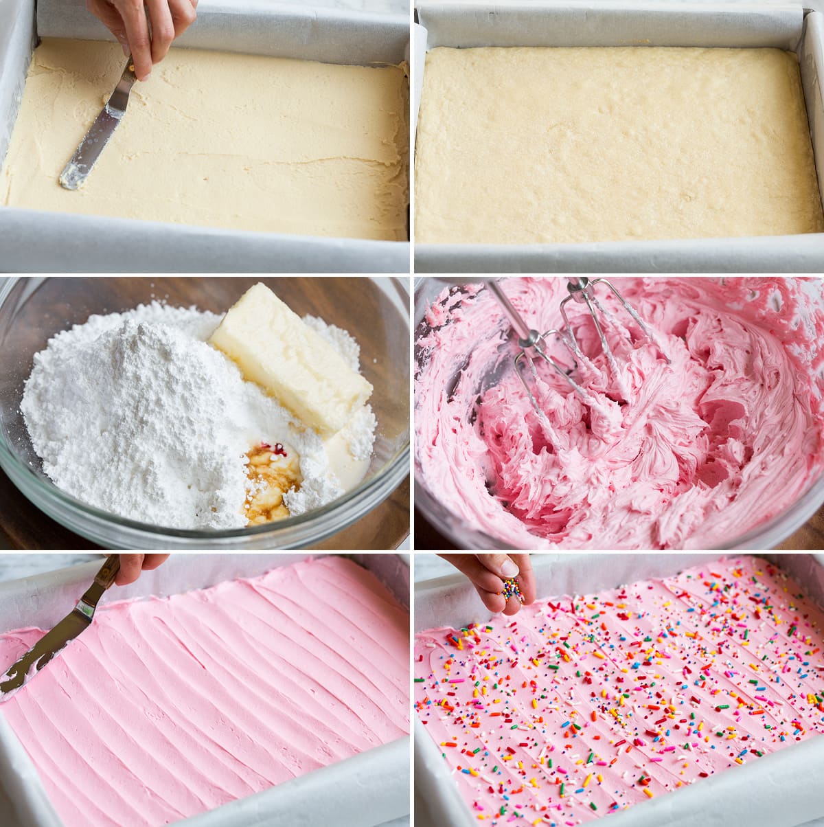 Collage of six images showing how to spread sugar cookie batter into baking pan, and making frosting and spreading over finished cookie bar in pan. 