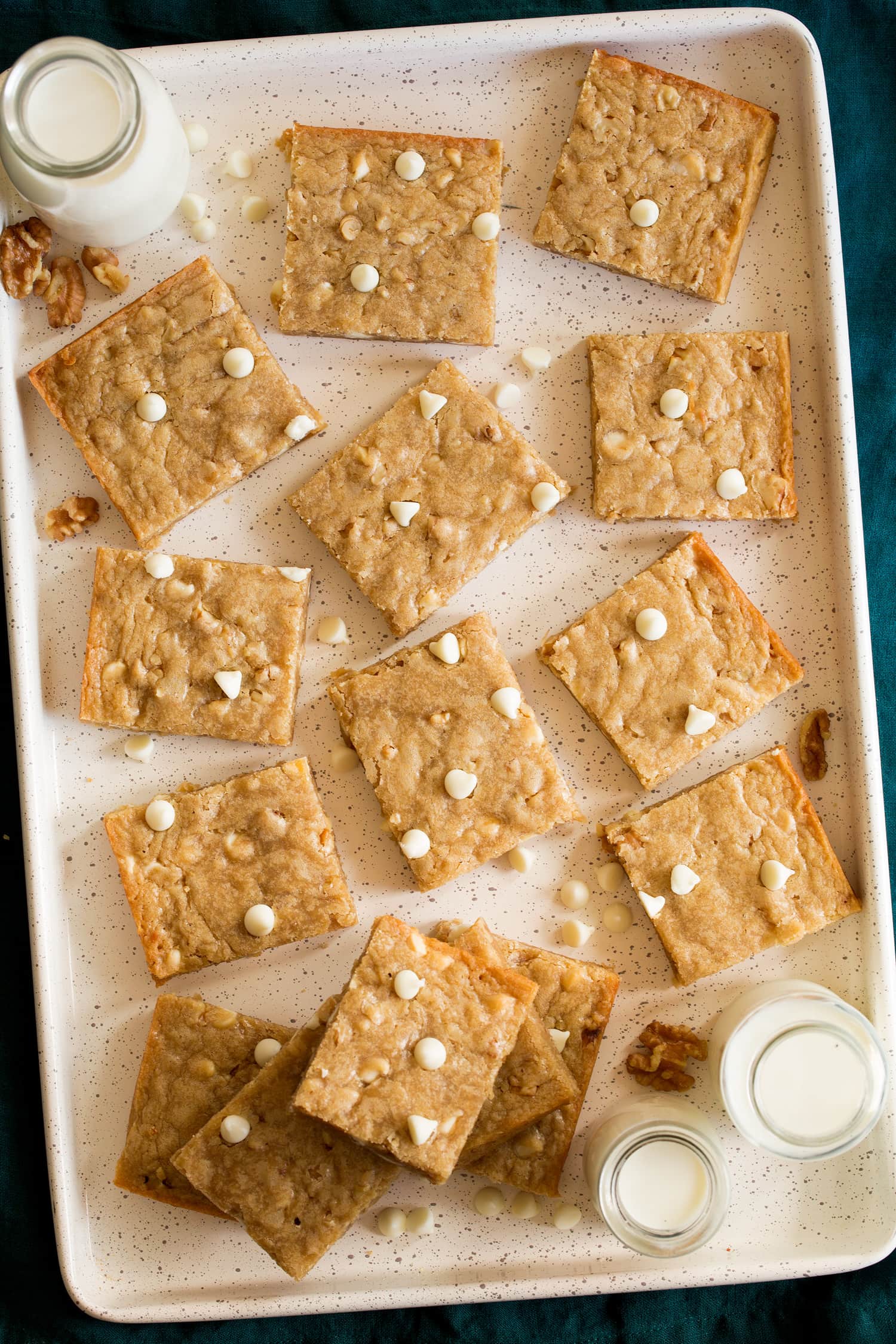 Blondie cookie bars on a baking sheet.