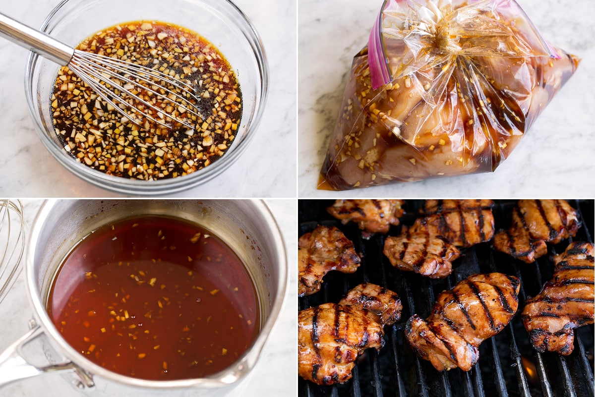 Collage of four images showing steps of making teriyaki marinade, soaking chicken in marinade, cooking extra marinade and grilling chicken. 
