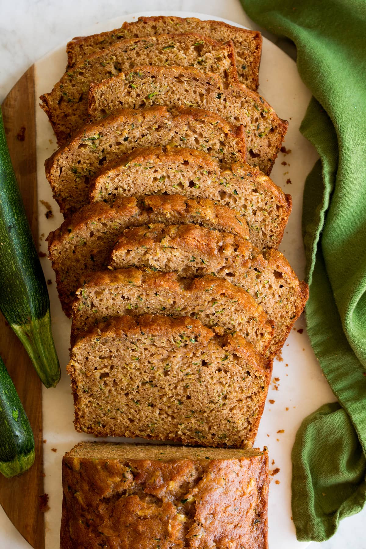 Sliced loaf of zucchini bread shown from above.
