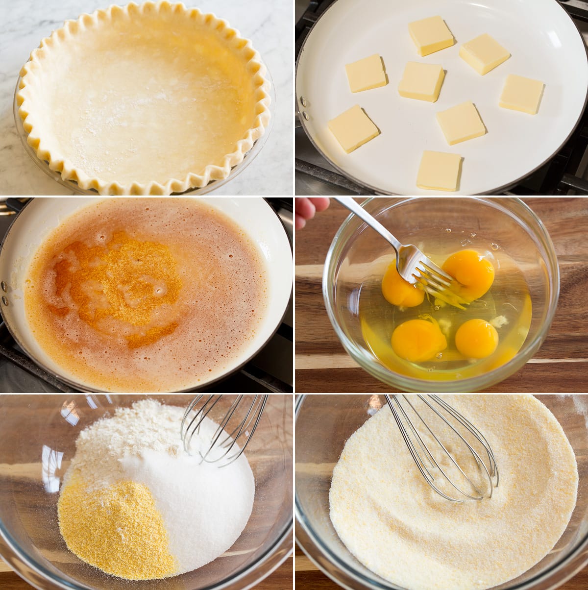 Collage of six images showing steps of making chess pie. Includes shaping pie crust in pie dish, browning butter in skillet, whisking eggs in bowl, and mixing flour, cornmeal and sugar in separate bowl. 