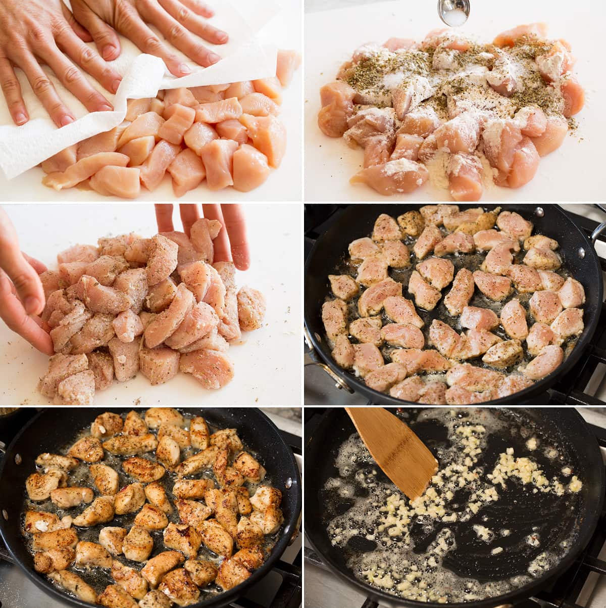 Collage of six images showing how to prepare chicken for chicken scampi, drying and tossing with seasoning mixture. Then it is shown seared in a skillet and garlic is sauteed.