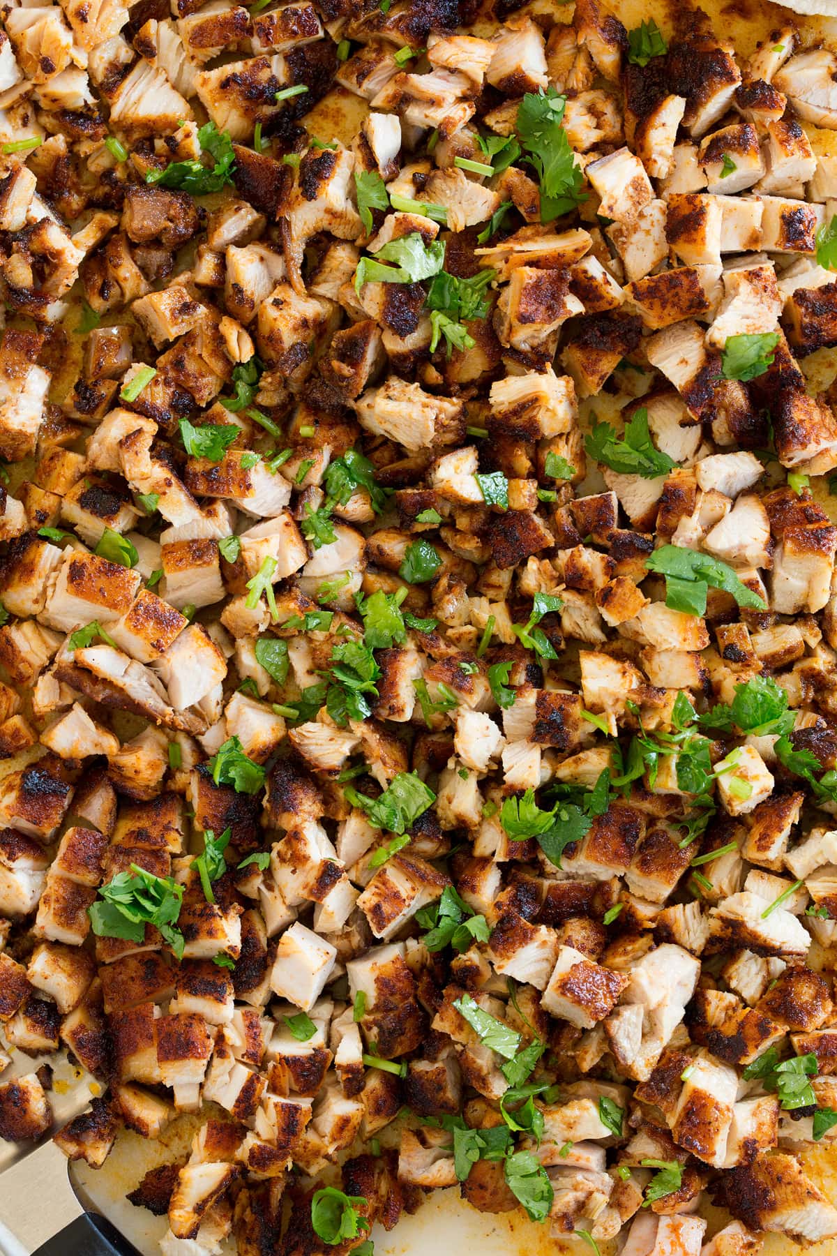 Close up overhead image of chopped, seared chicken pieces on a cutting board.