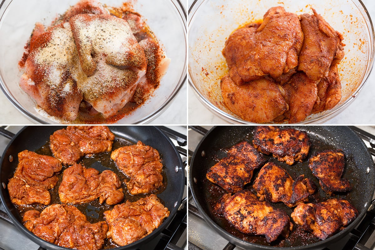 Collage of four images showing steps to preparing and cooking chicken for tacos. Shows tossing chicken with spices in a bowl and searing in a large non-stick skillet.