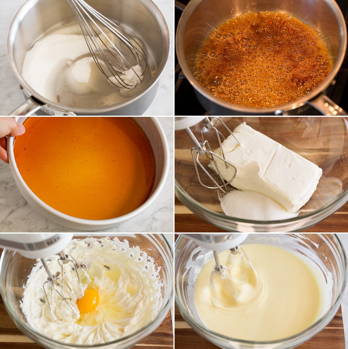 Collage of six images showing steps to making flan caramel in a saucepan, pouring to cake pan, and beginning to make flan filling in a glass bowl.