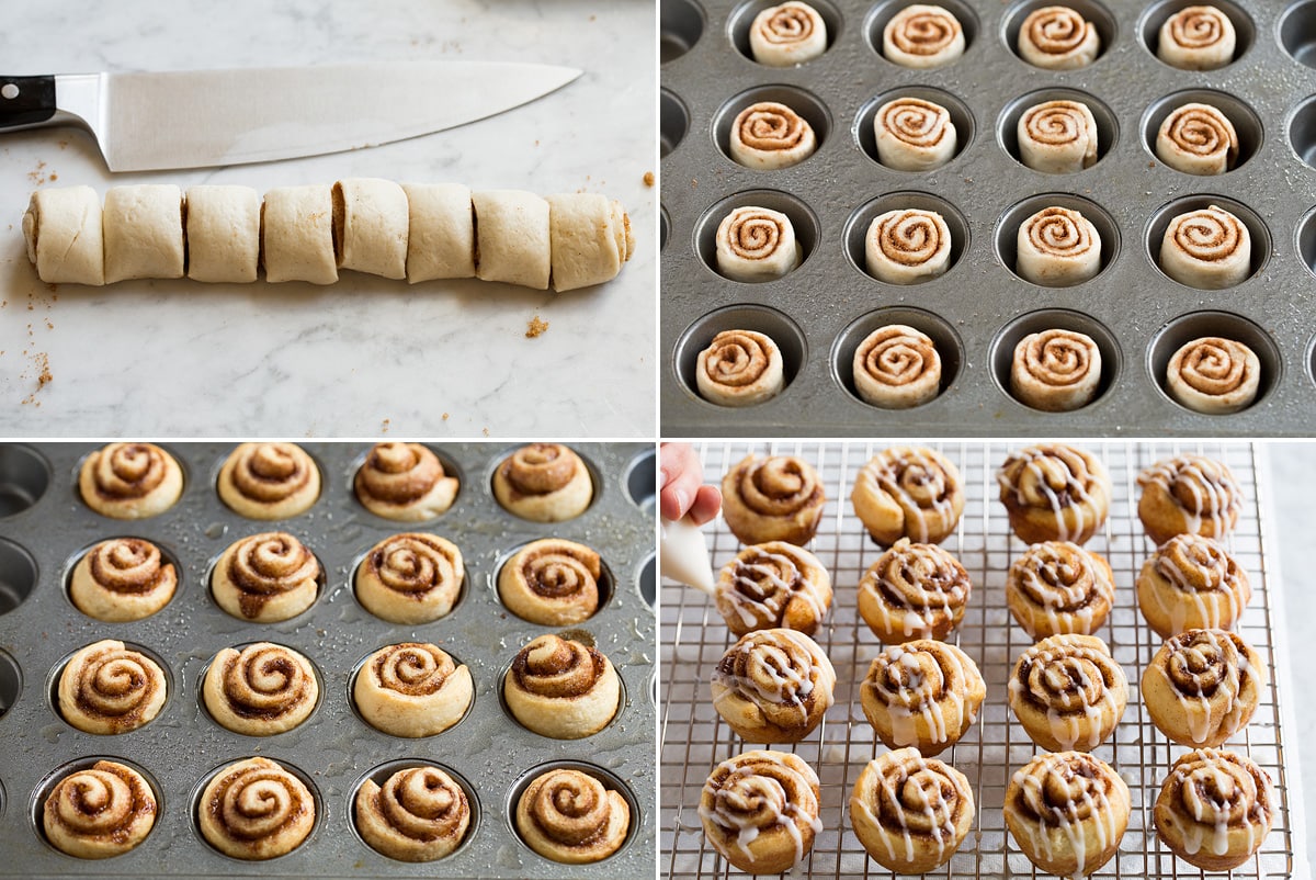 Collage of four images showing mini cinnamon rolls beings sliced. Then in mini muffin tin before and after baking. And lastly shows finished mini cinnamon rolls being drizzled with icing.
