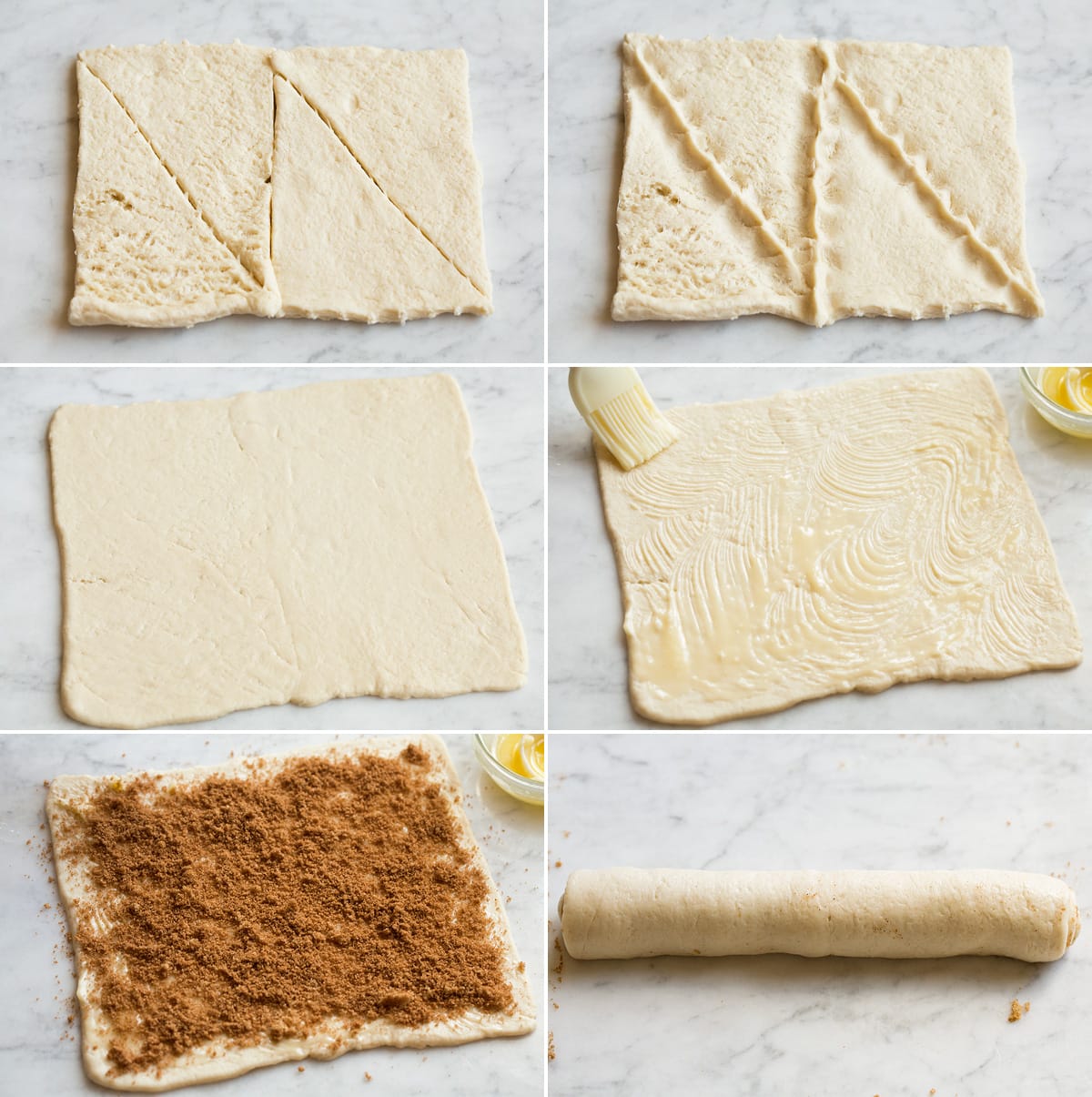 Collage of six images showing steps of rolling out crescent dough for mini cinnamon rolls. Also shows sprinkling with brown sugar mixture and rolling.