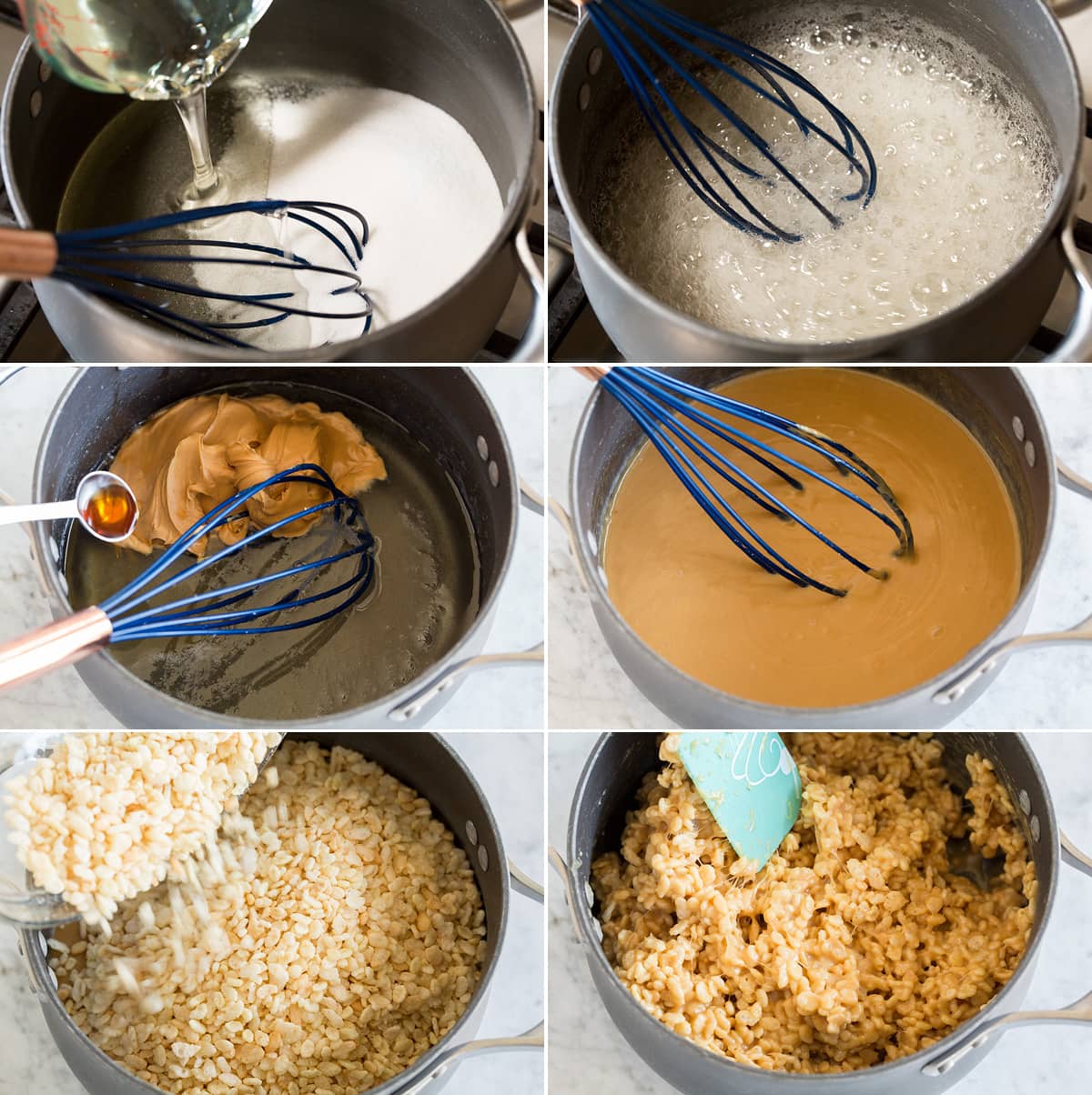 Collage of six images showing steps of making scotcheroos sweet peanut butter coating and tossing with rice krispies.