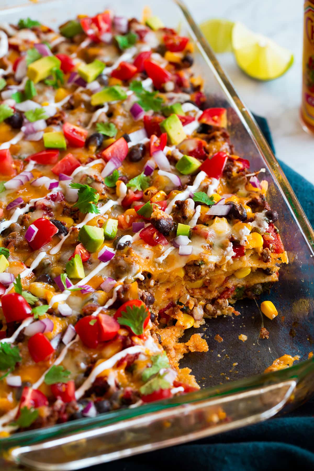 Taco casserole shown from the side.