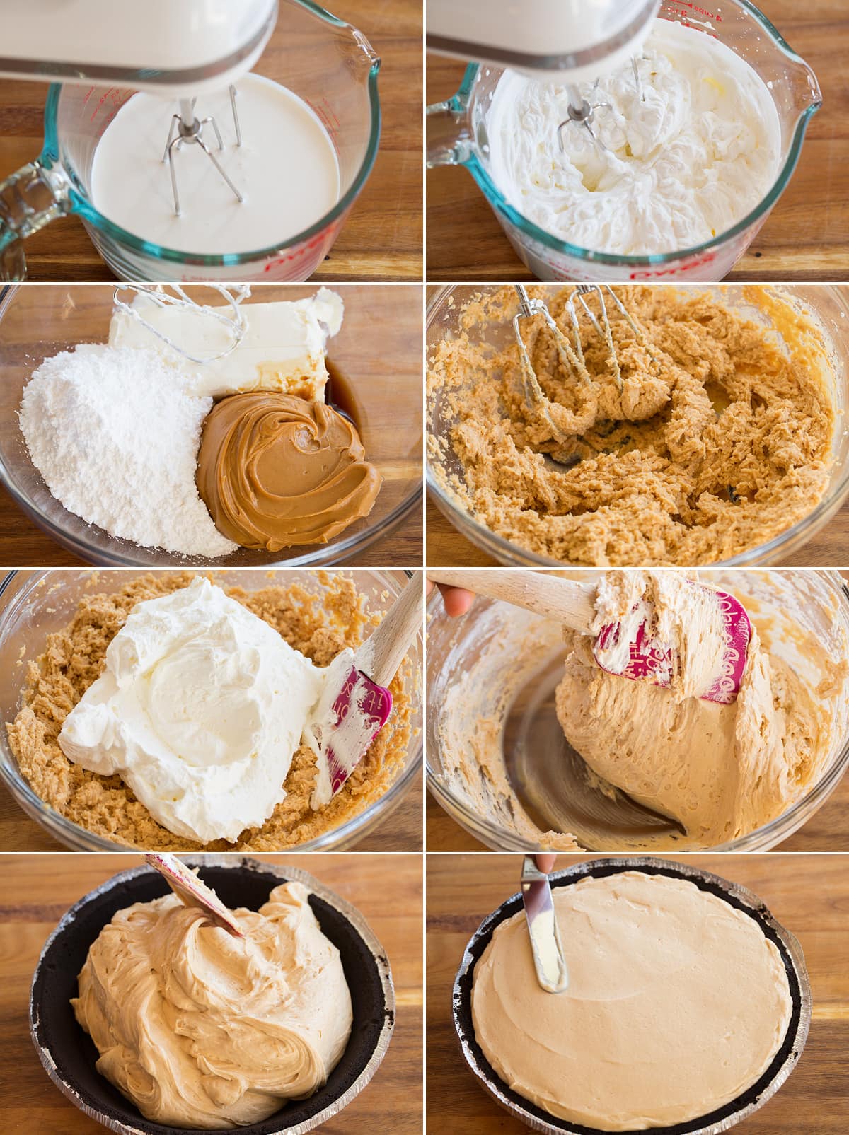 Collage of eight images showing steps to making peanut butter pie filling and adding to crust.