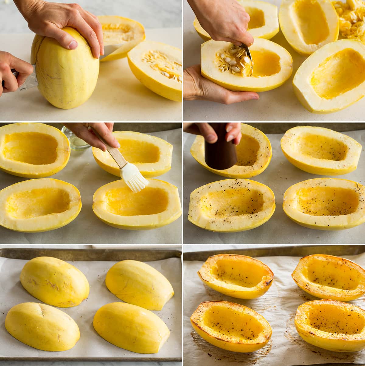 Collage of six images showing how to prepare spaghetti squash for roasting, then showing it before and after roasting on a baking sheet.