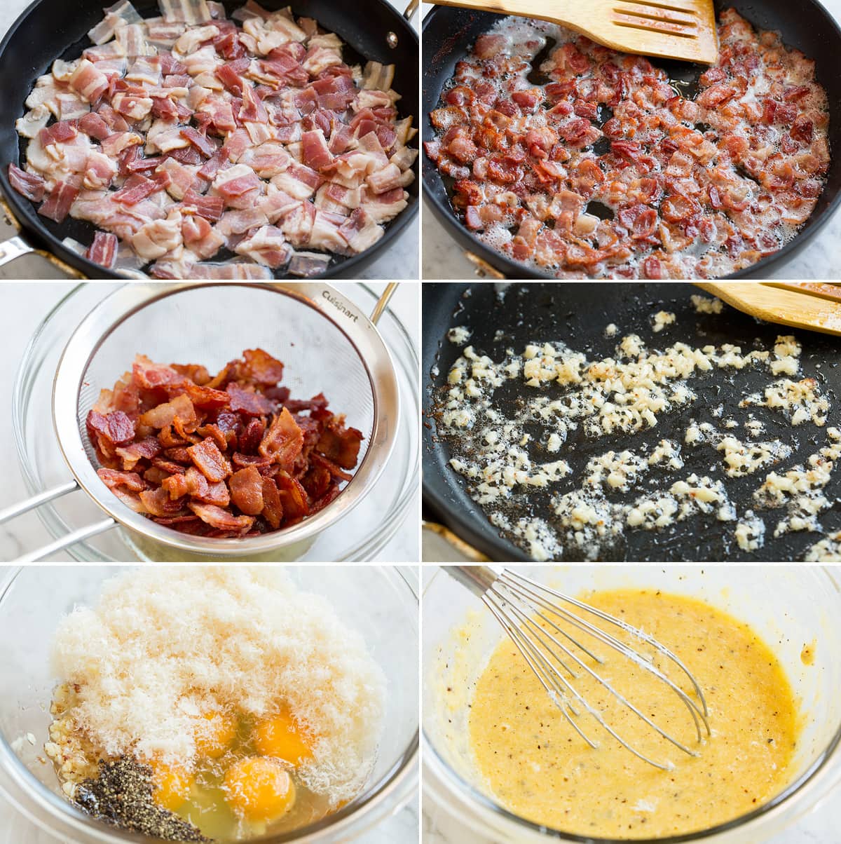Collage of six images showing steps to make pasta carbonara. Includes sauteing bacon in a skillet, straining rendered fat into a bowl, sauteing garlic, and preparing carbonara sauce.