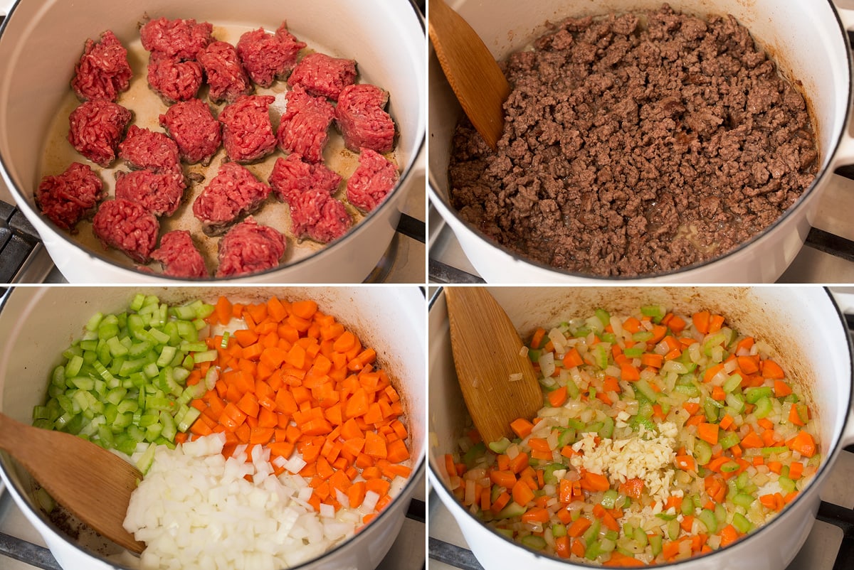 Collage of four images showing how to brown beef and saute vegetables for soup in pot.