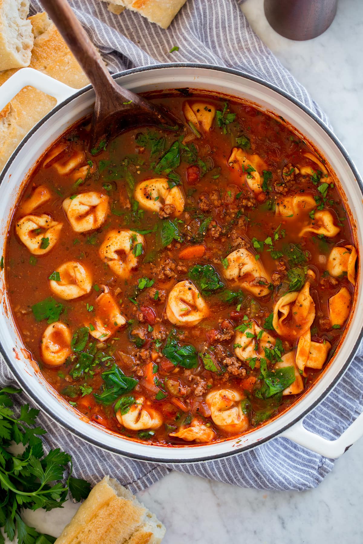 Overhead image of pot full of tortellini soup on a marble surface.
