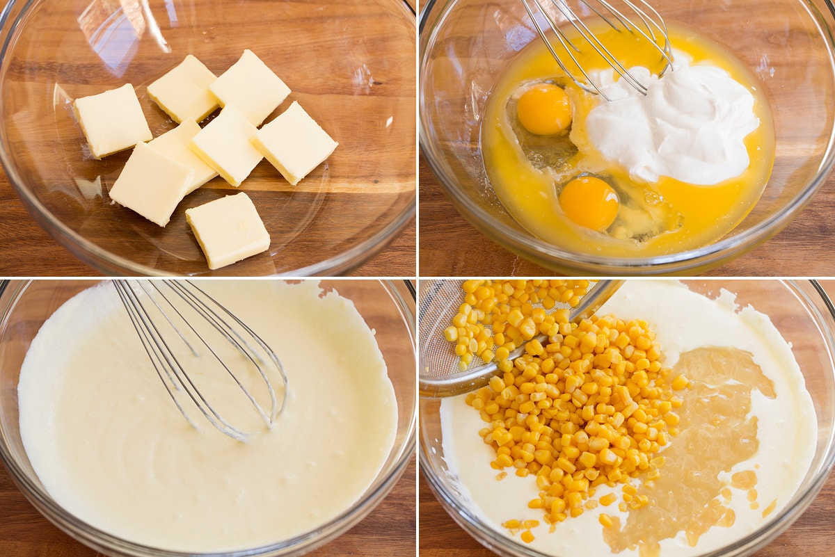 Collage of four images showning how to make corn casserole batter in a mixing bowl.