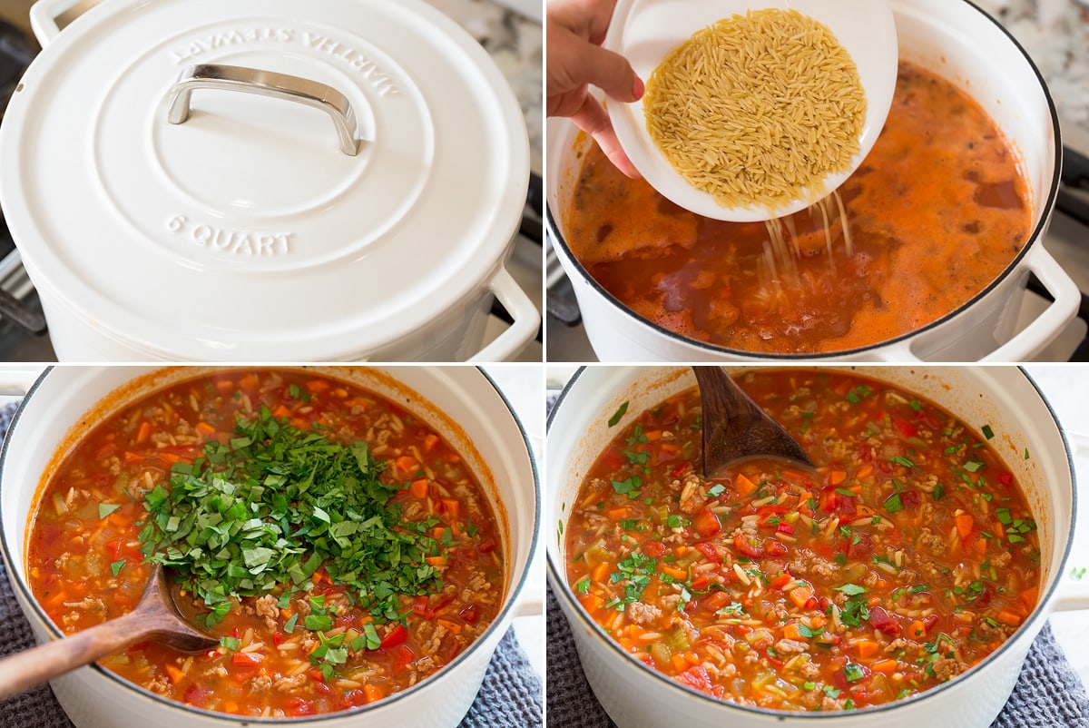 Collage of four images of continued steps to make Italian sausage soup. Shows simmering with lid on, adding orzo, adding herbs and finished soup.