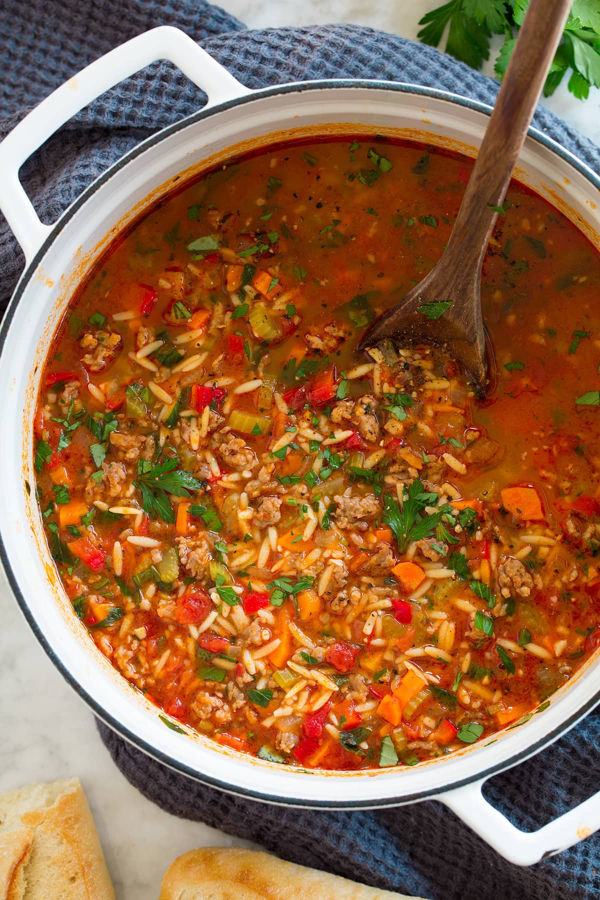 Overhead image of Italian sausage soup in a pot.