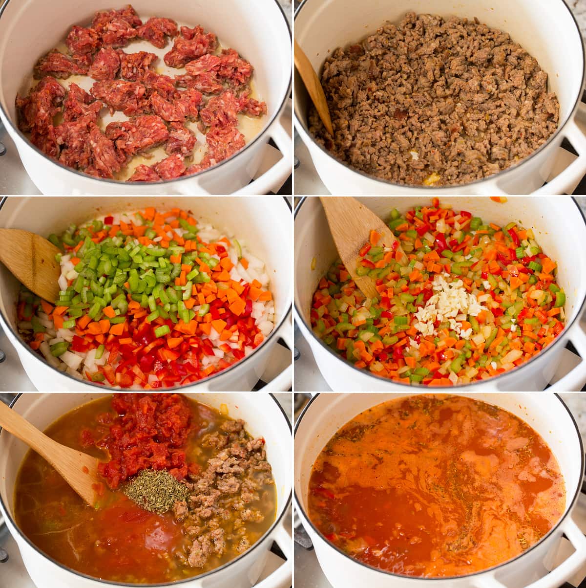 Collage of six images showing steps to making Italian sausage soup. Includes browning sausage, sauteing veggies and adding broth and seasoning.
