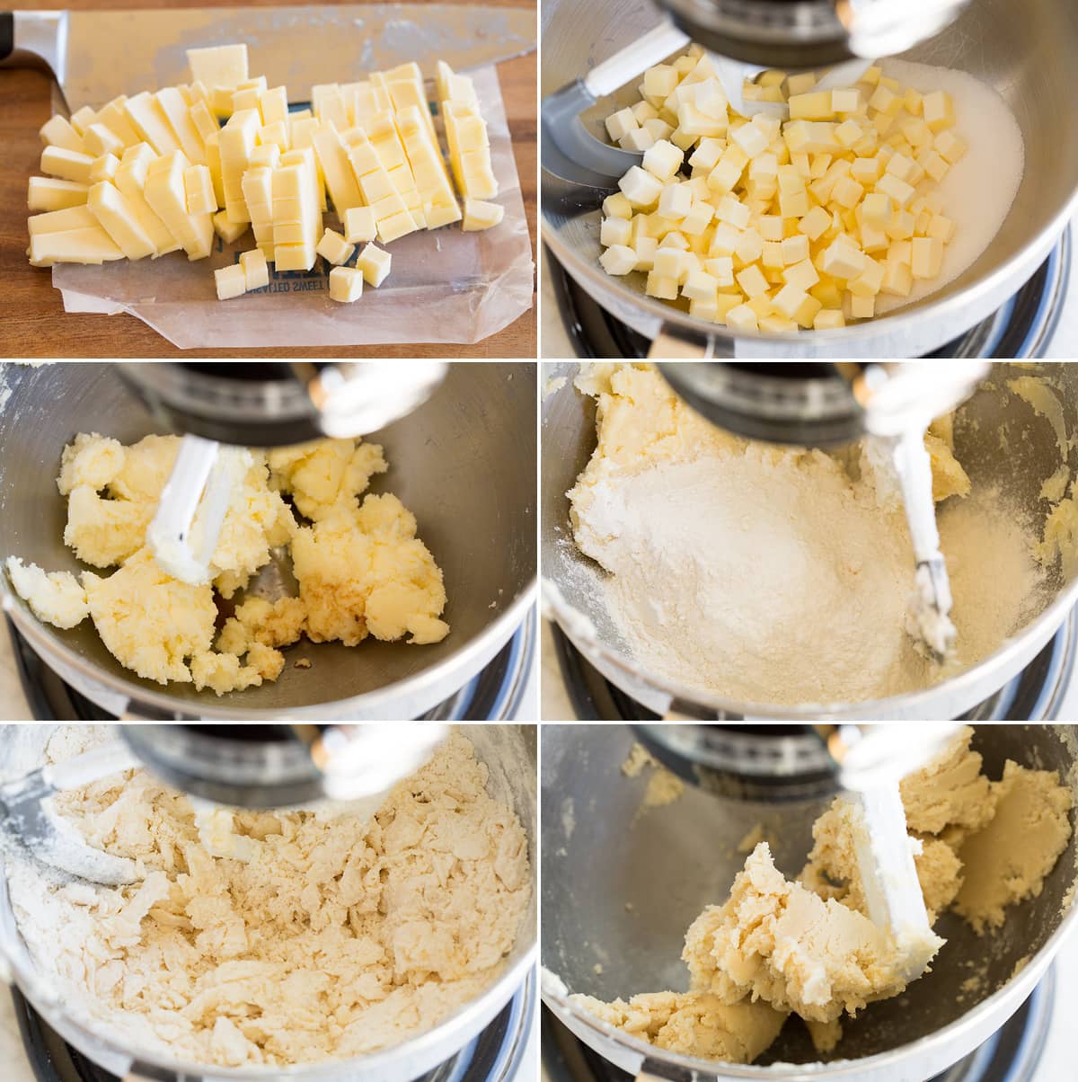 Collage of six images showing how to make shortbread cookies. Shows cutting cold butter into cubes, then mixing with sugar in a stand mixer. Then flour is added and mixed until it comes together.
