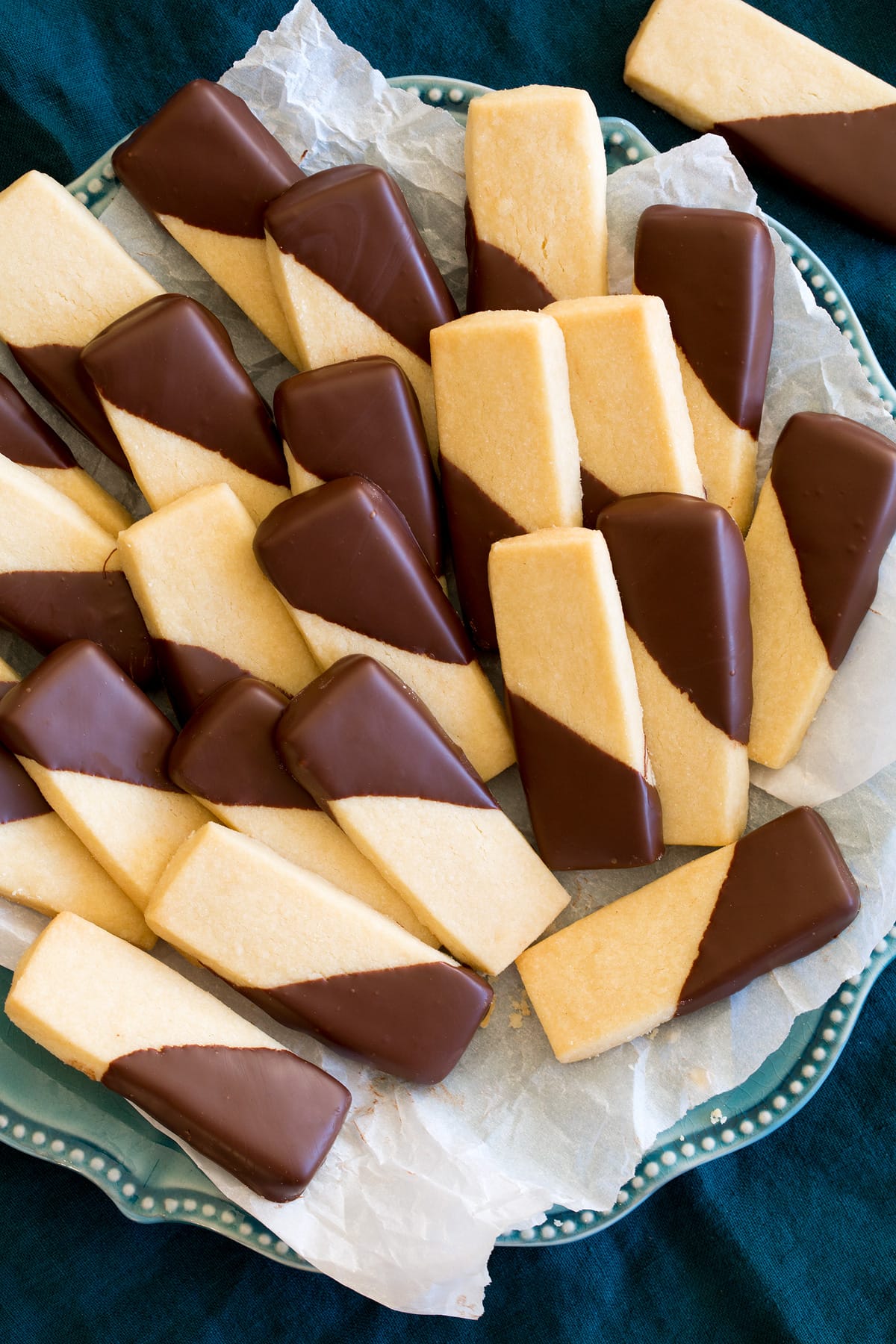 Overhead image of shortbread cookies dipped in chocolate on a blue plate lined with parchment paper.