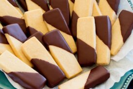 Rectangular shortbread cookies shown on a plate at a side angle.