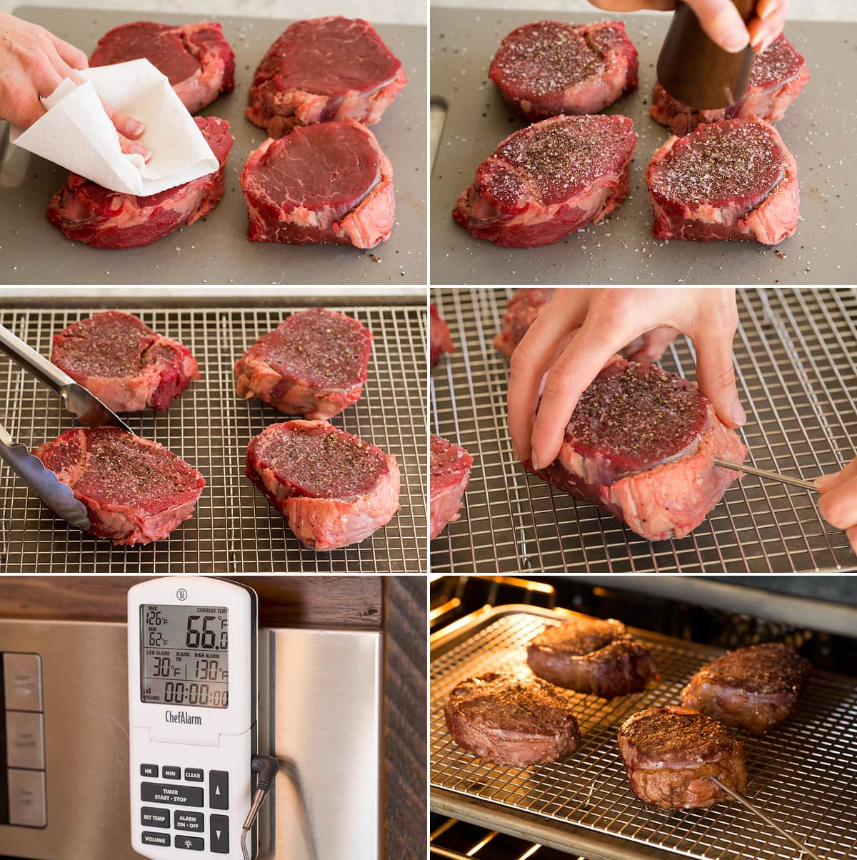 Photo of preparing filet mignon steaks for cooking in the oven on a wire rack on a baking sheet. Also shows an oven safe probe thermometer being used and steaks cooking in oven.