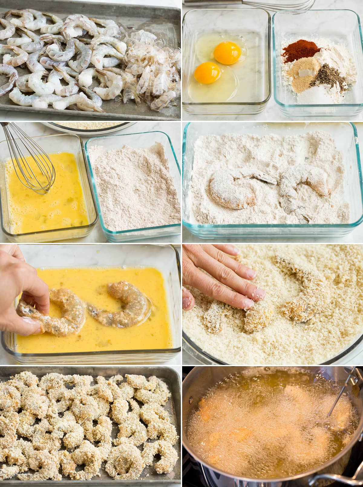 Collage of eight photos showing steps of peeling shrimp, making breading, coating shrimp in breading and deep frying.