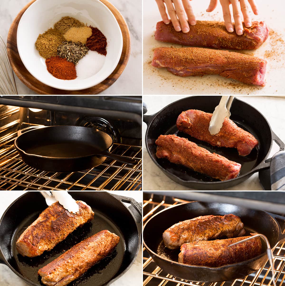 Collage of six images showing how to prepare pork tenderloin with seasoning mixture and roasting in a cast iron pan in the oven.