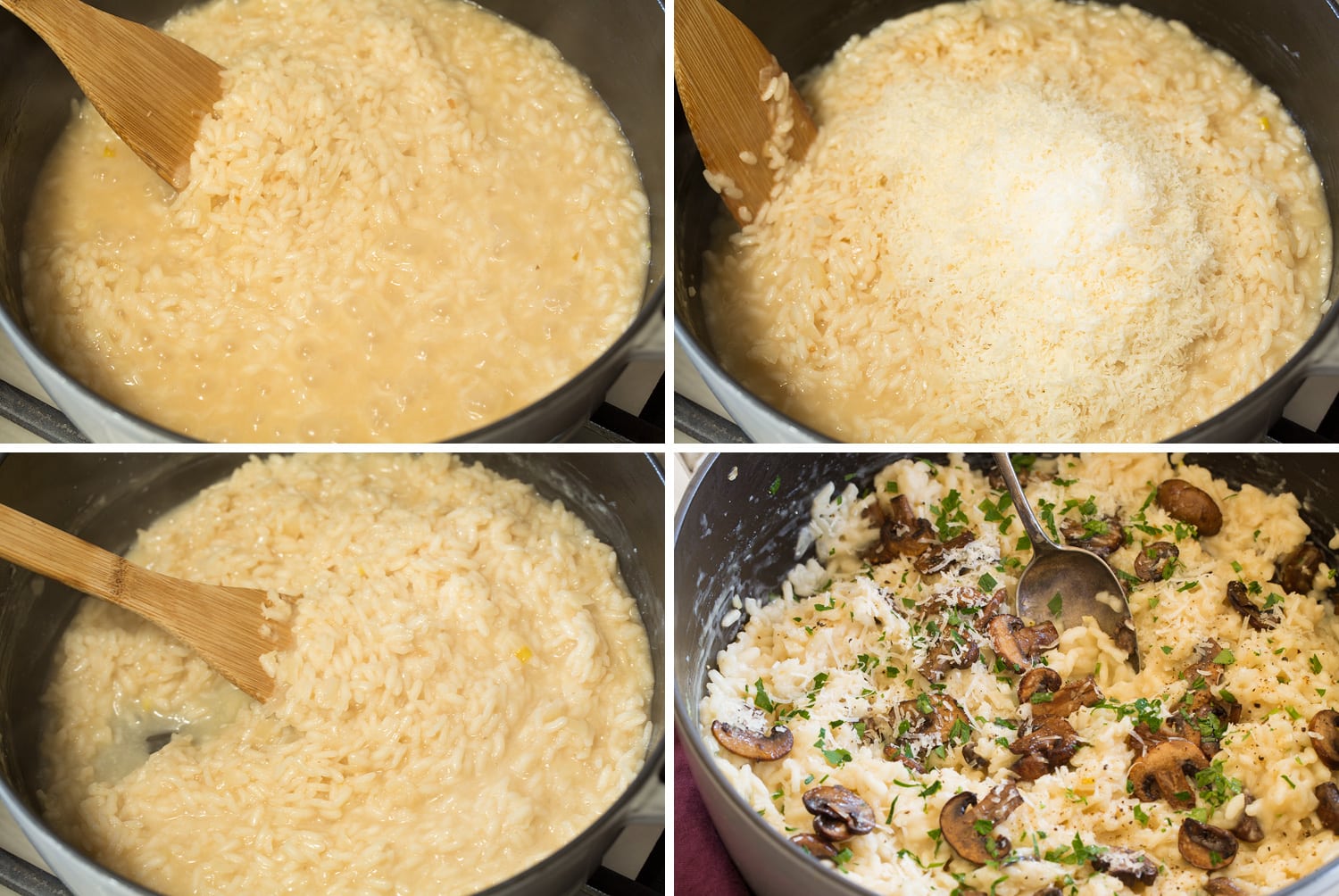 Making risotto with parmesan and mushrooms.