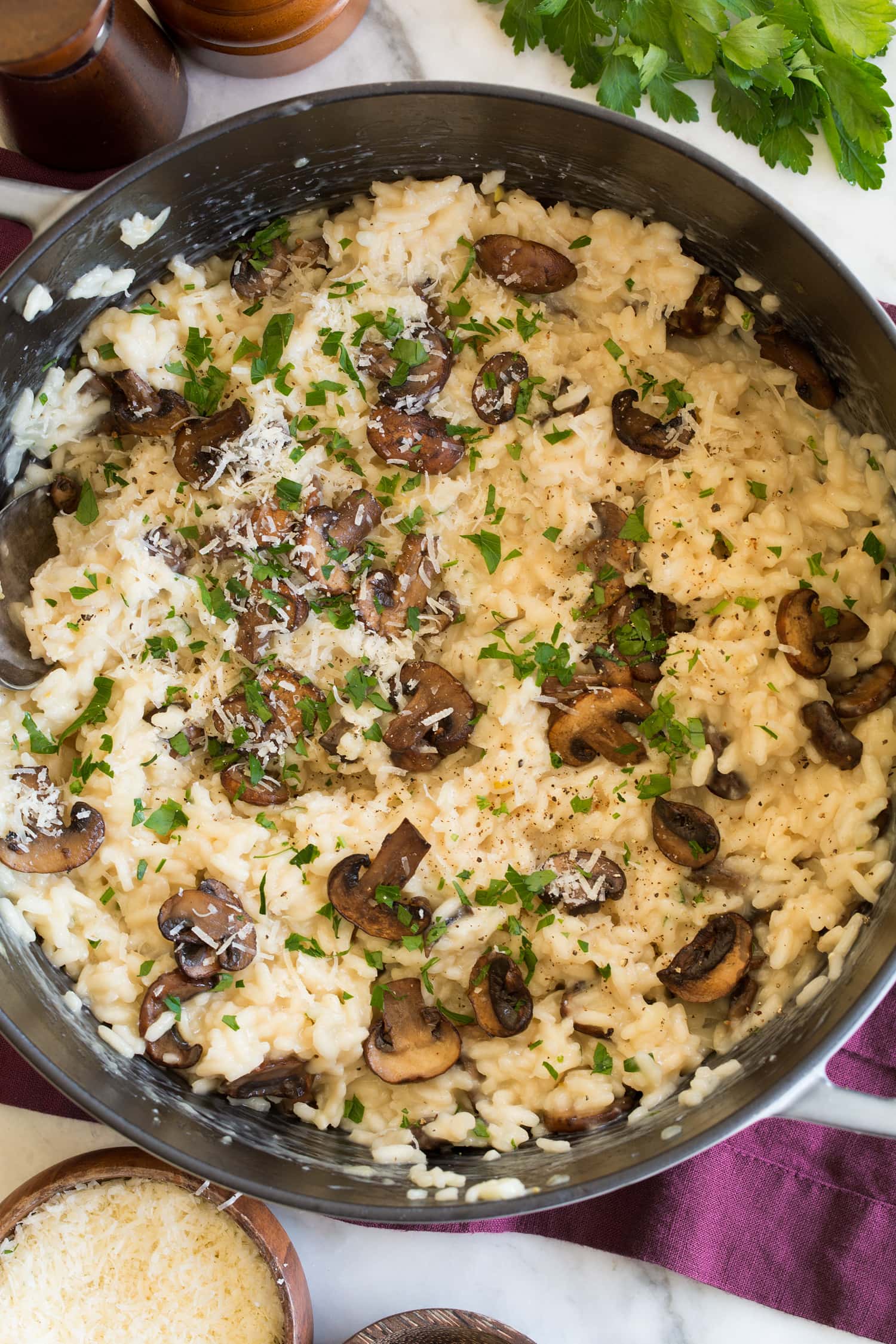 Risotto with white wine, mushrooms, parmesan and parsley.