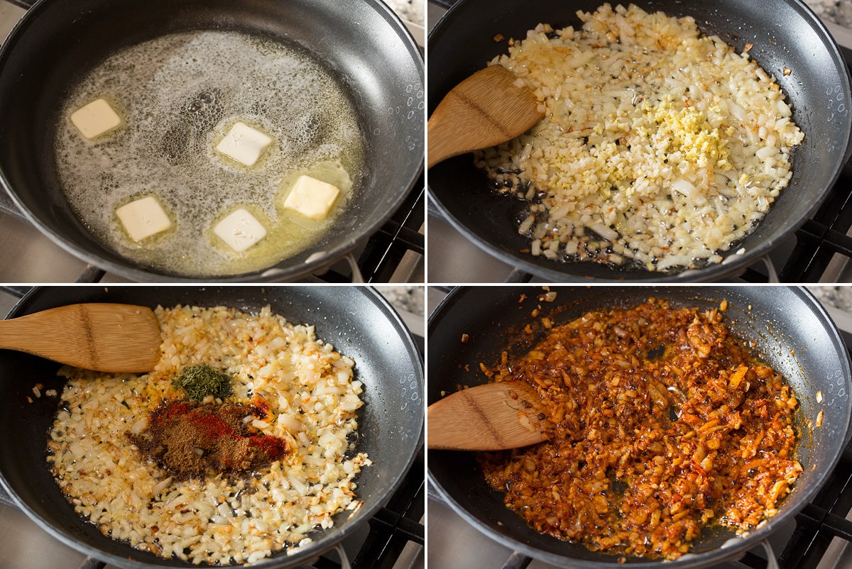 Collage of four photos showing steps of sautéing aromatics in butter for butter chicken.