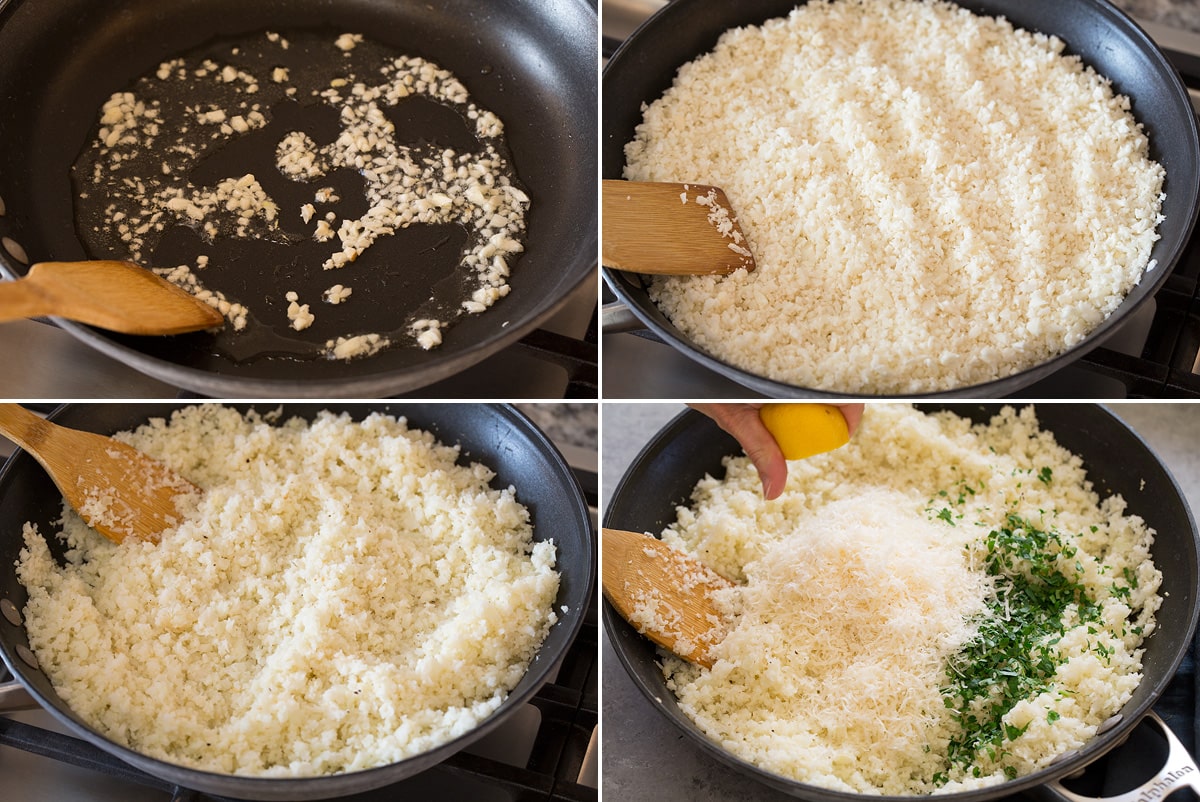 Collage of four photos showing how to cook cauliflower rice in a skillet and season at the end with parmesan and herbs.