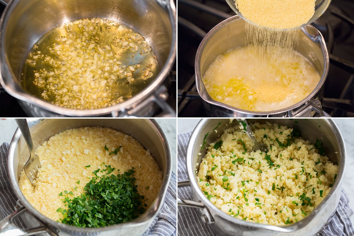 Collage of four photos showing steps to making couscous on the stovetop.