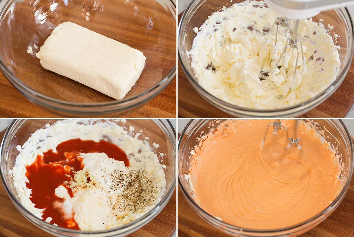 Collage of four photos showing first 4 steps of making buffalo chicken dip in bowl with mixer.
