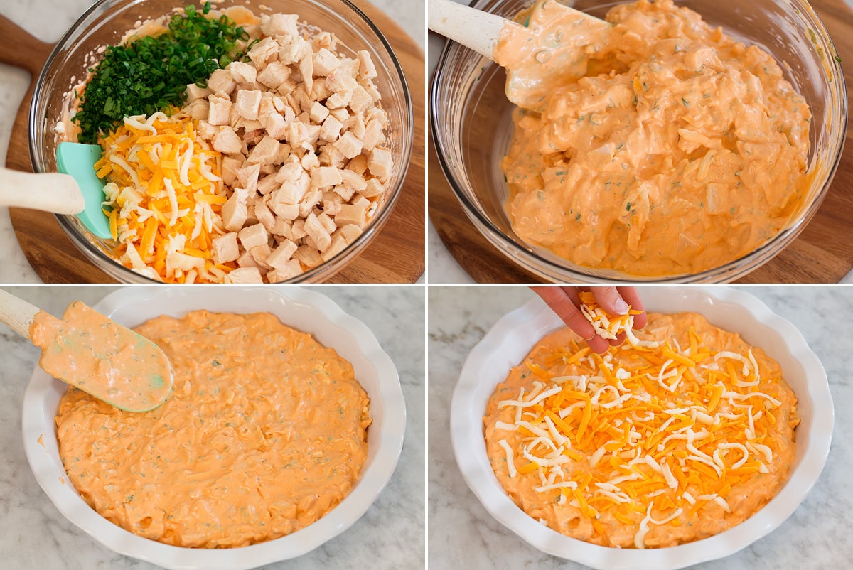 Collage of four photos showing last 4 steps of making buffalo chicken dip. Shows mixing in chicken, cheese and herbs, spreading into pie plate and topping with cheese.