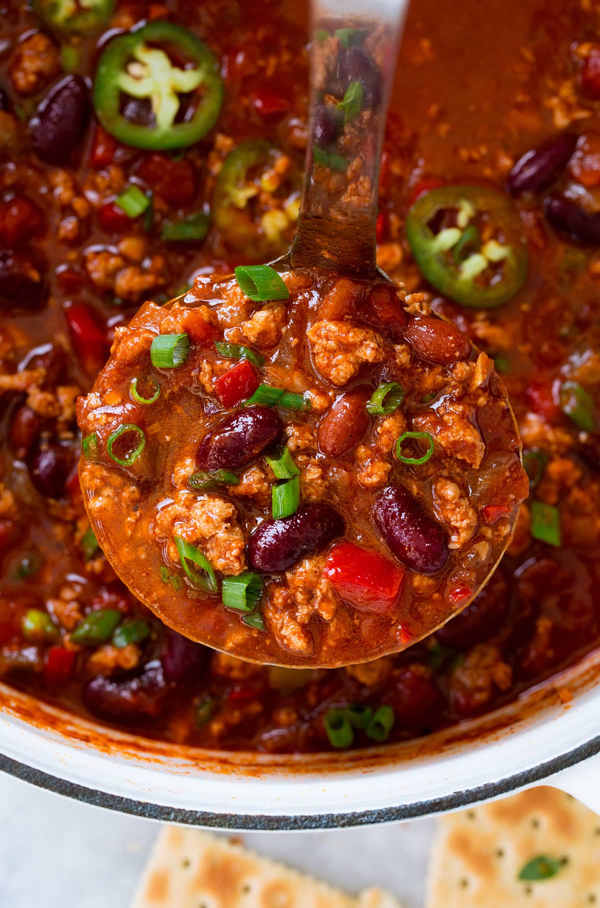 Close up photo of ladle filled with turkey chili.