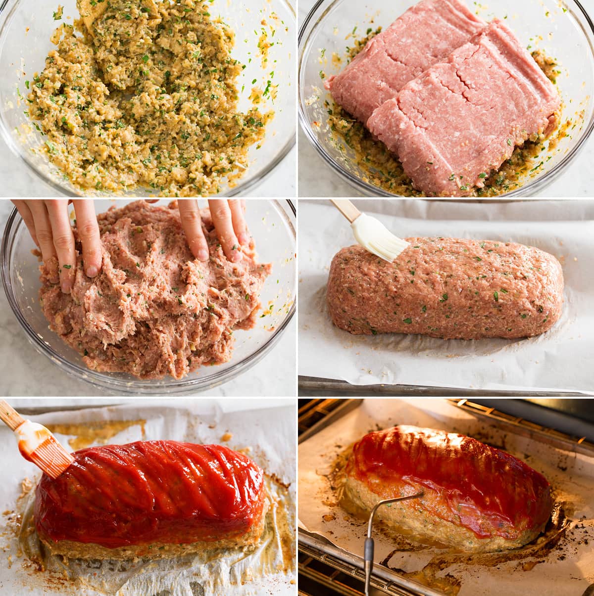 Collage of six images showing remaining six steps to making turkey meatloaf. Includes egg and onion mixture shown after mixing in a mixing bowl, adding turkey. Then shows mixed meatloaf mixture, shaped meatloaf mixture, ketchup coated meatloaf. And last includes image of meatloaf baking in the oven on baking sheet.