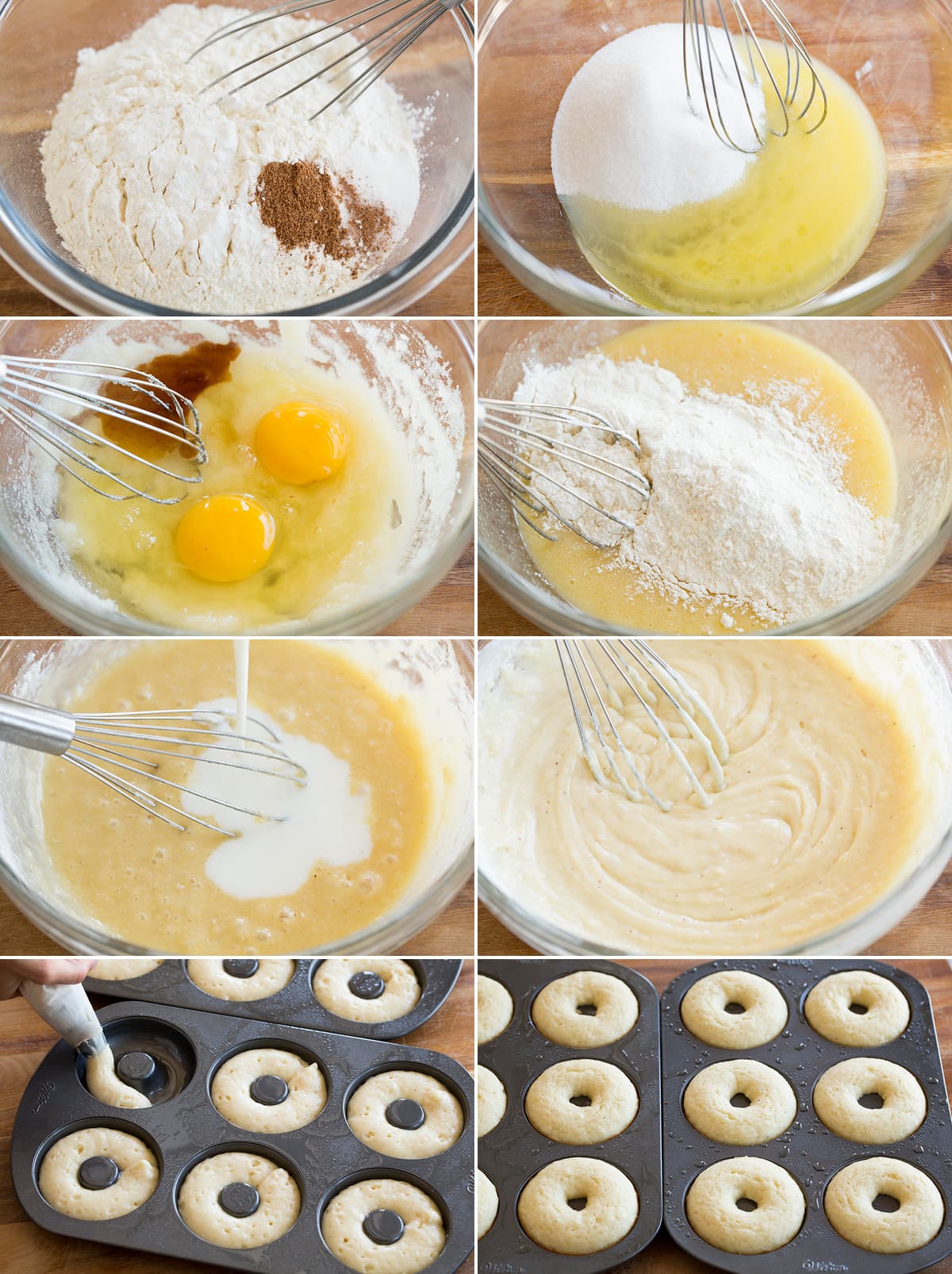 Collage of eight photos showing steps to making baked donuts. Includes preparing batter in glass mixing bowl with a whisk, then piping into donut pans. Also shows after baking.