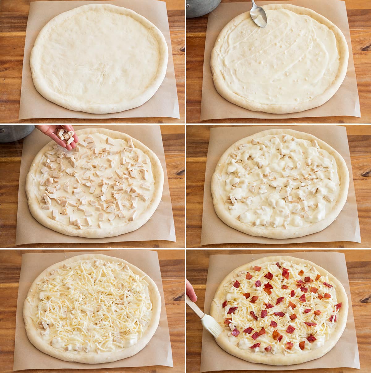 Collage of six photos showing how to shape an alfredo pizza crust and layer toppings.