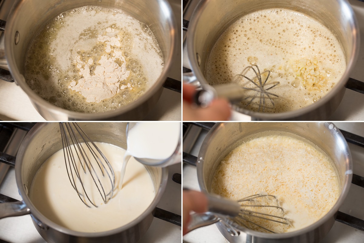 Collage of four photos showing how to make alfredo sauce for pizza.
