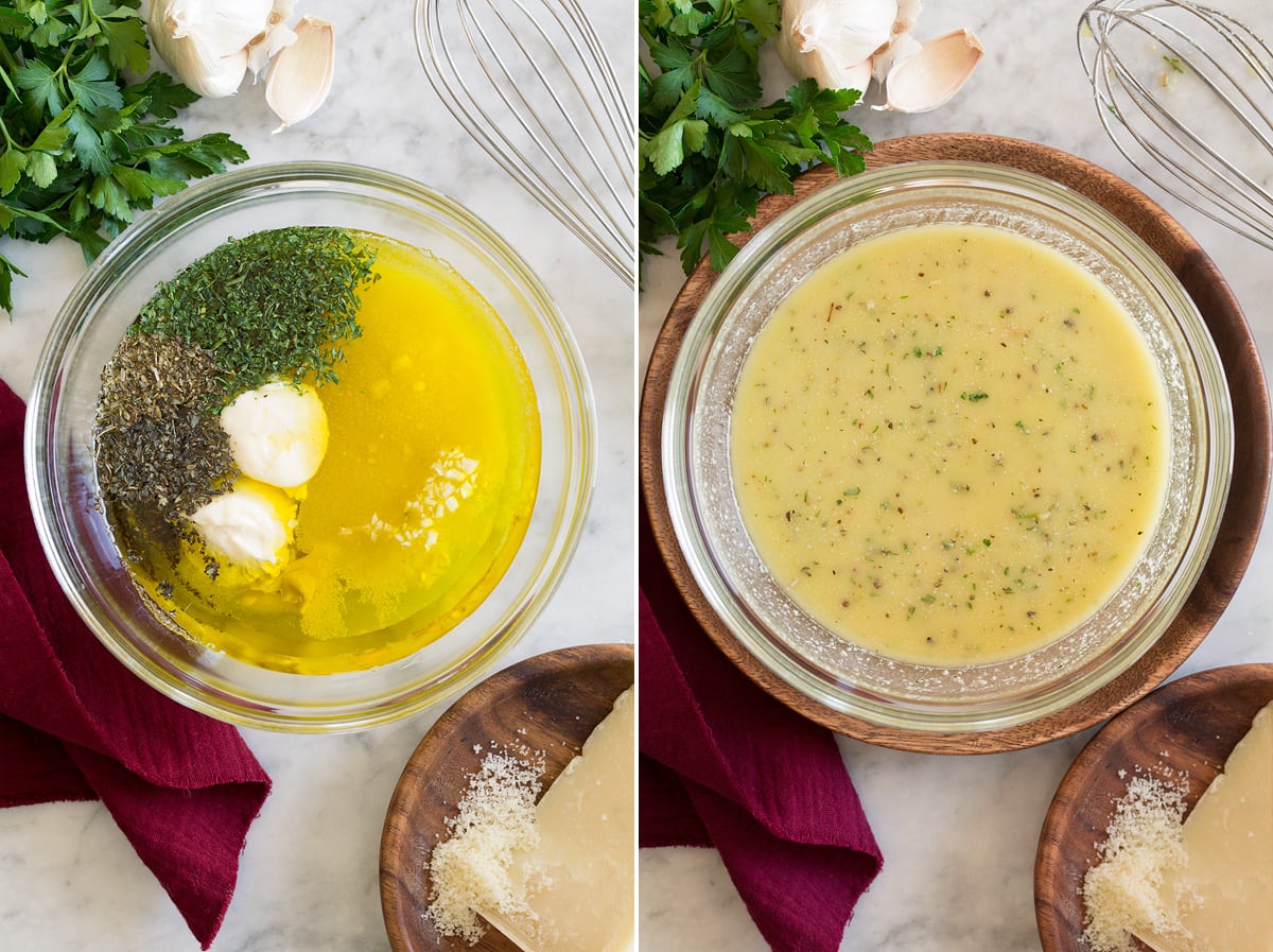 Collage of two photos showing Italian dressing before and after mixing in a glass mixing bowl. 