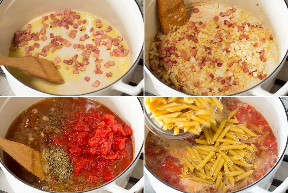 Collage of four photos showing steps to make one pot pasta. Shows sauteing pancetta, then onion. Next shows adding liquid, tomatoes seasonings and then pasta.