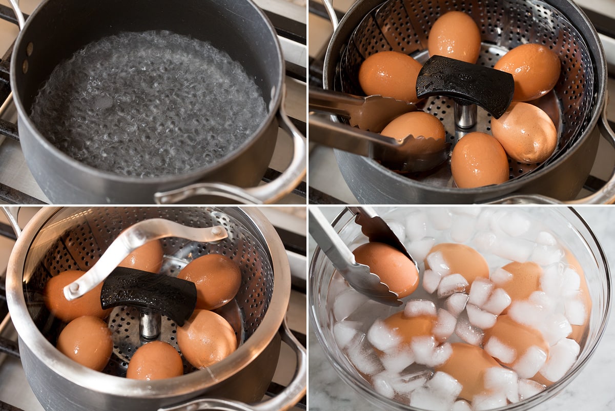 Collage of four photos showing steps to steam eggs in a pot of with simmering water and a steamer basket. Also shows submerging eggs in ice water after cooking.
