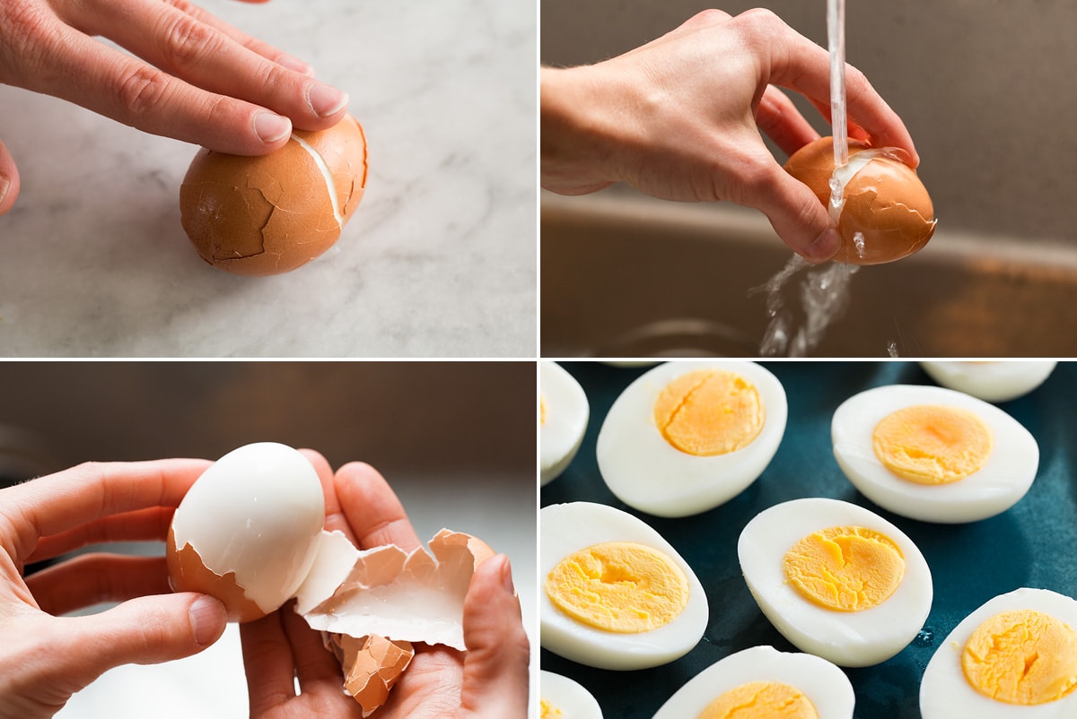 Collage of four photos showing how to peel eggs by cracking all over, running under cold water then pulling peel away. Also shows eggs after cutting.