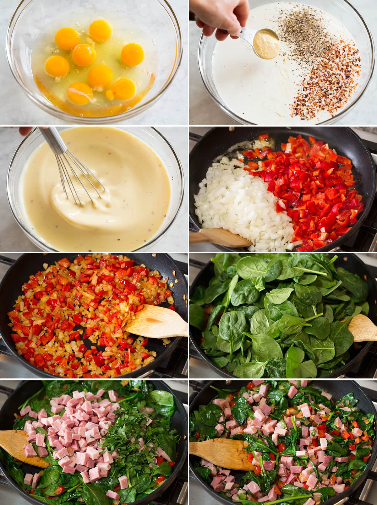 Collage of eight photos showing steps to preparing custard and meat and vegetable mixture for a strata.