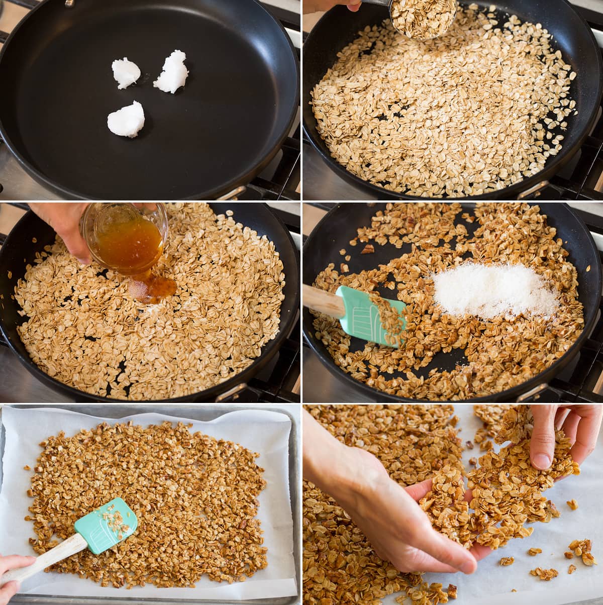 Collage of six steps showing how to make an easy granola in a skillet.